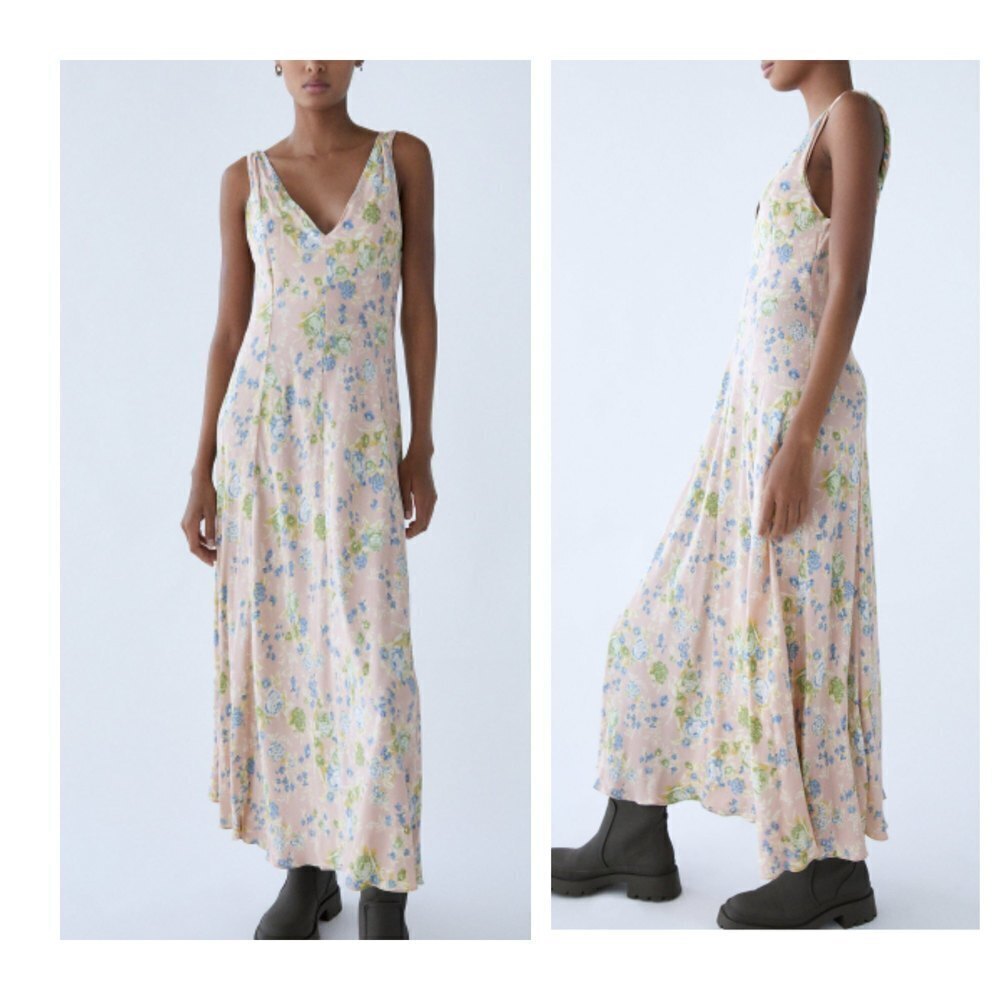 New ZARA Twisted Strap Dress V-Neck & Back Boho Floral Flowy Festival Pink XS